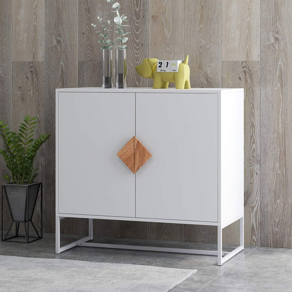 White 2 Door Sideboard with Solid Wood Handles and Metal Legs R4068