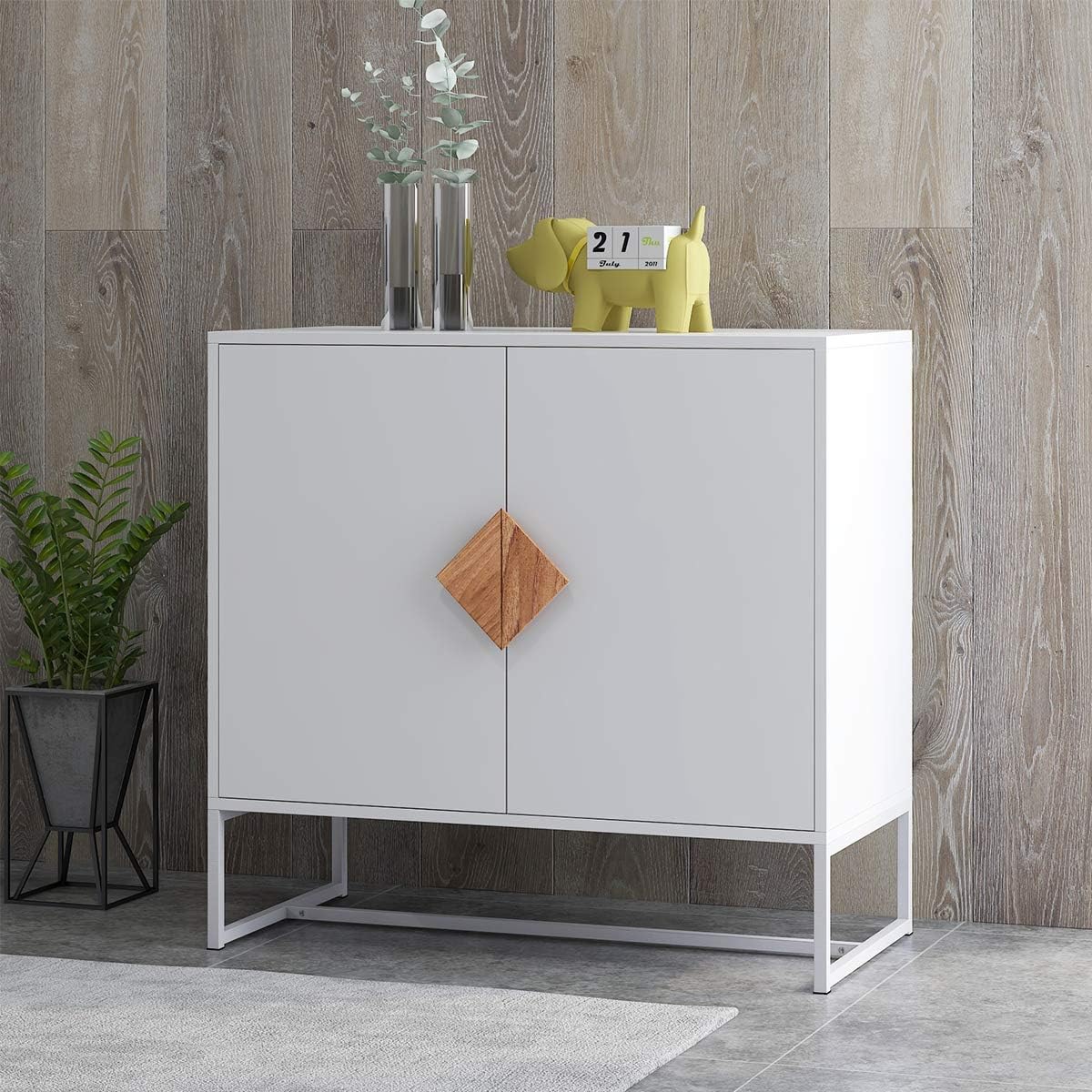 White 2 Door Sideboard with Solid Wood Handles and Metal Legs R4068