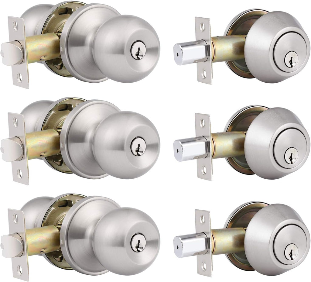 3 Pack Keyed Alike Entry Door Knobs and Single Cylinder Deadbolt Lock Combo Set with Classic Satin Nickel Finish U270