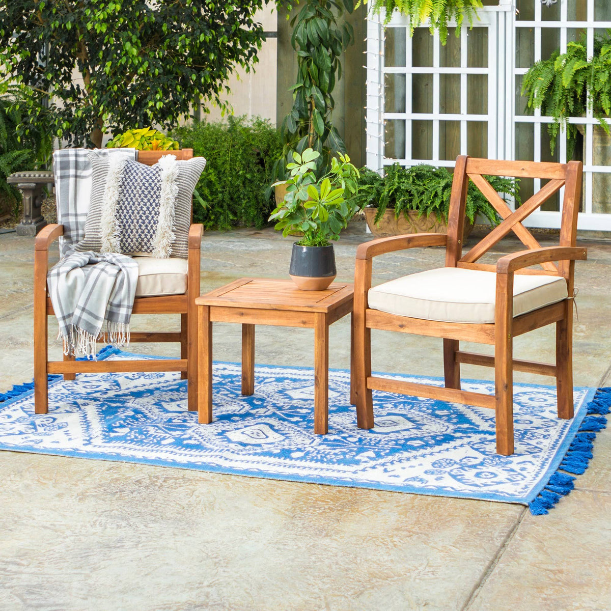 Brown Acacia Wood Patio Chairs with Side Table X9523
