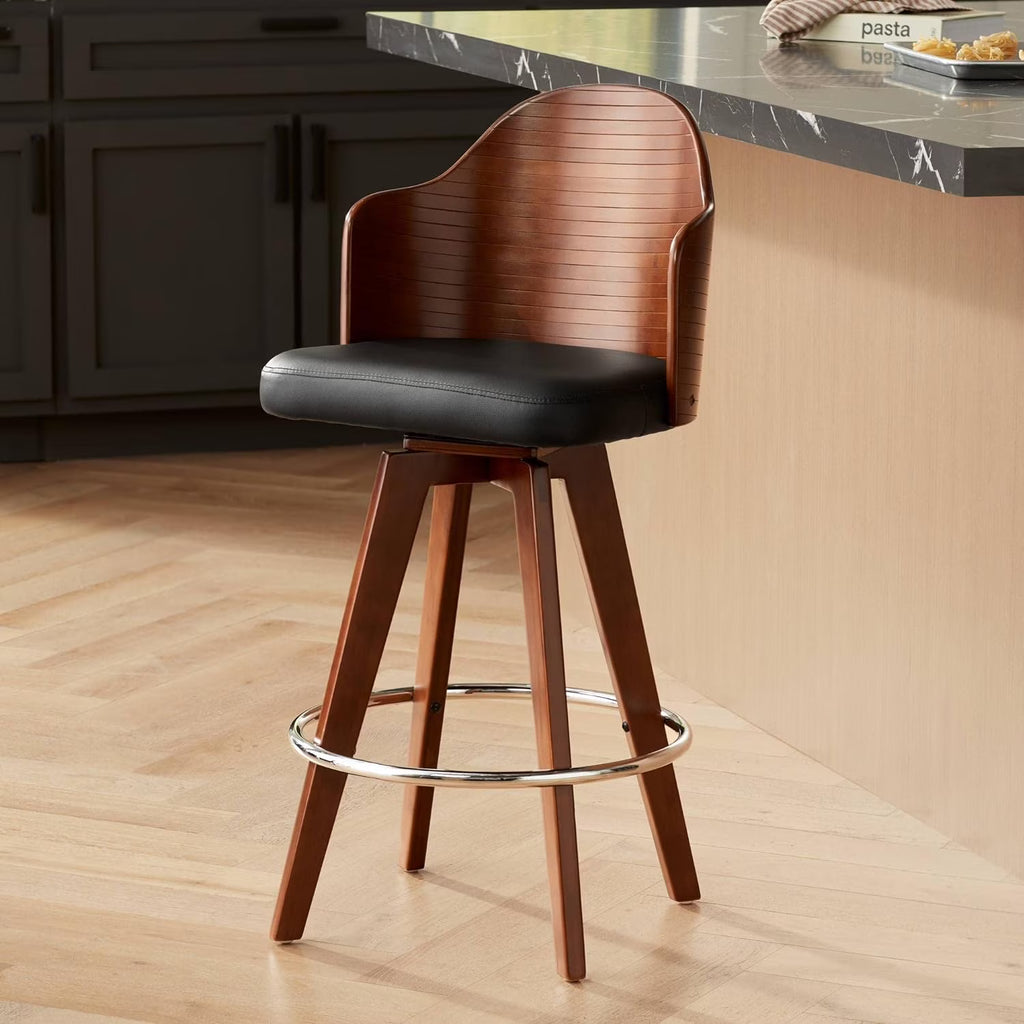 Dark Walnut Wood Swivel Stool with Backrest Footrest T7815