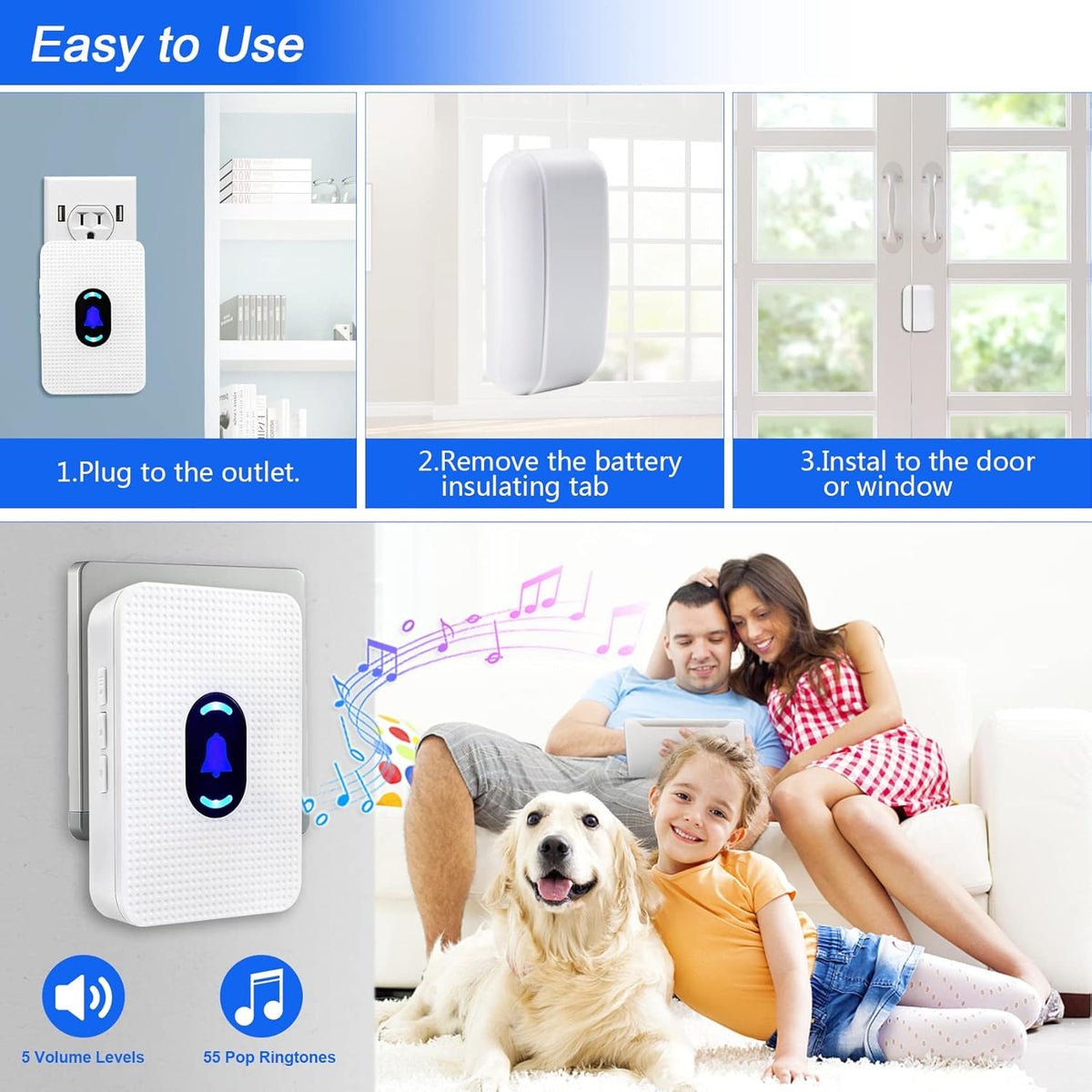 4 Door Sensors + 2 Plug-in Receivers Wireless Door Chime K904775