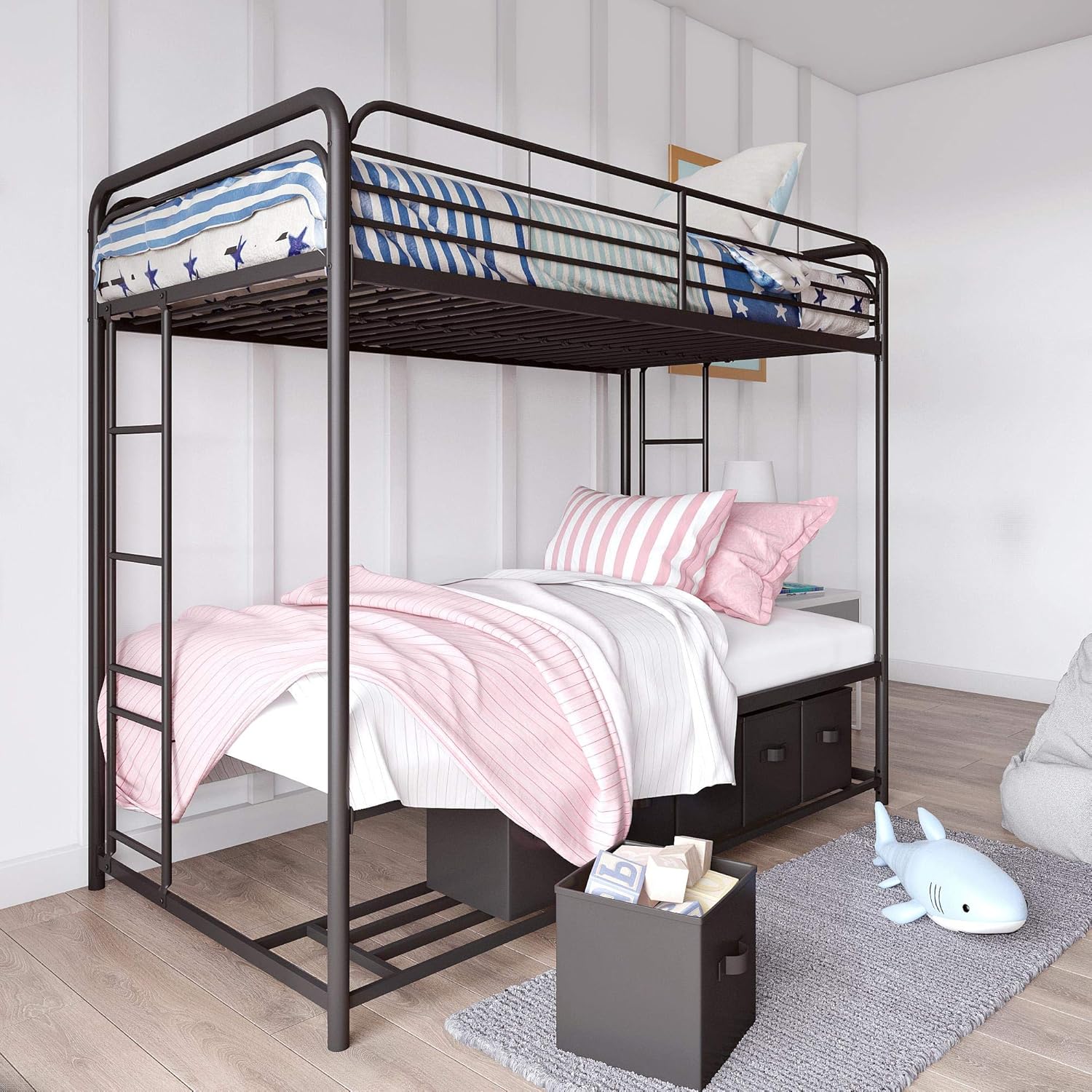 Twin/Twin Bunk Bed with Storage Bins, Black Q915005