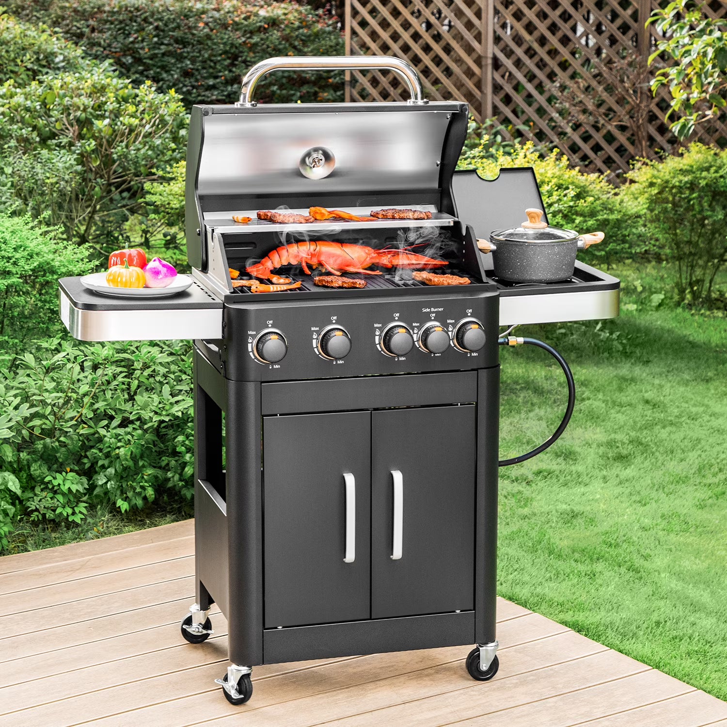 4 Burner Propane Gas Grill with Side Burner Stainless Steel BBQ Grill I583