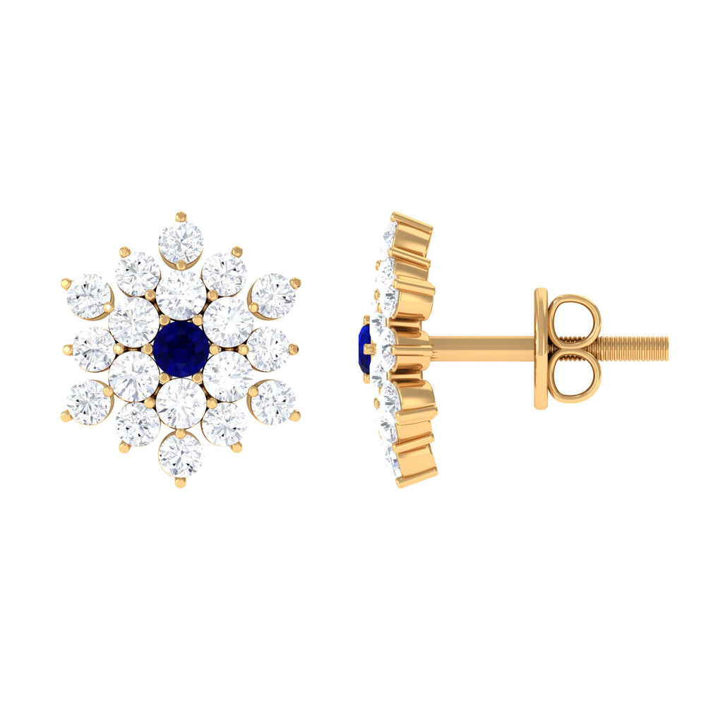 Blue Sapphire Floral Earrings with Diamond, 10K Yellow Gold P6564