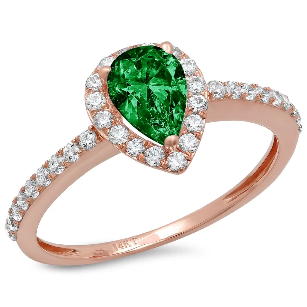 Pear Cut Green Simulated Emerald 14k Rose Gold Halo Ring Size 10.5 A7436