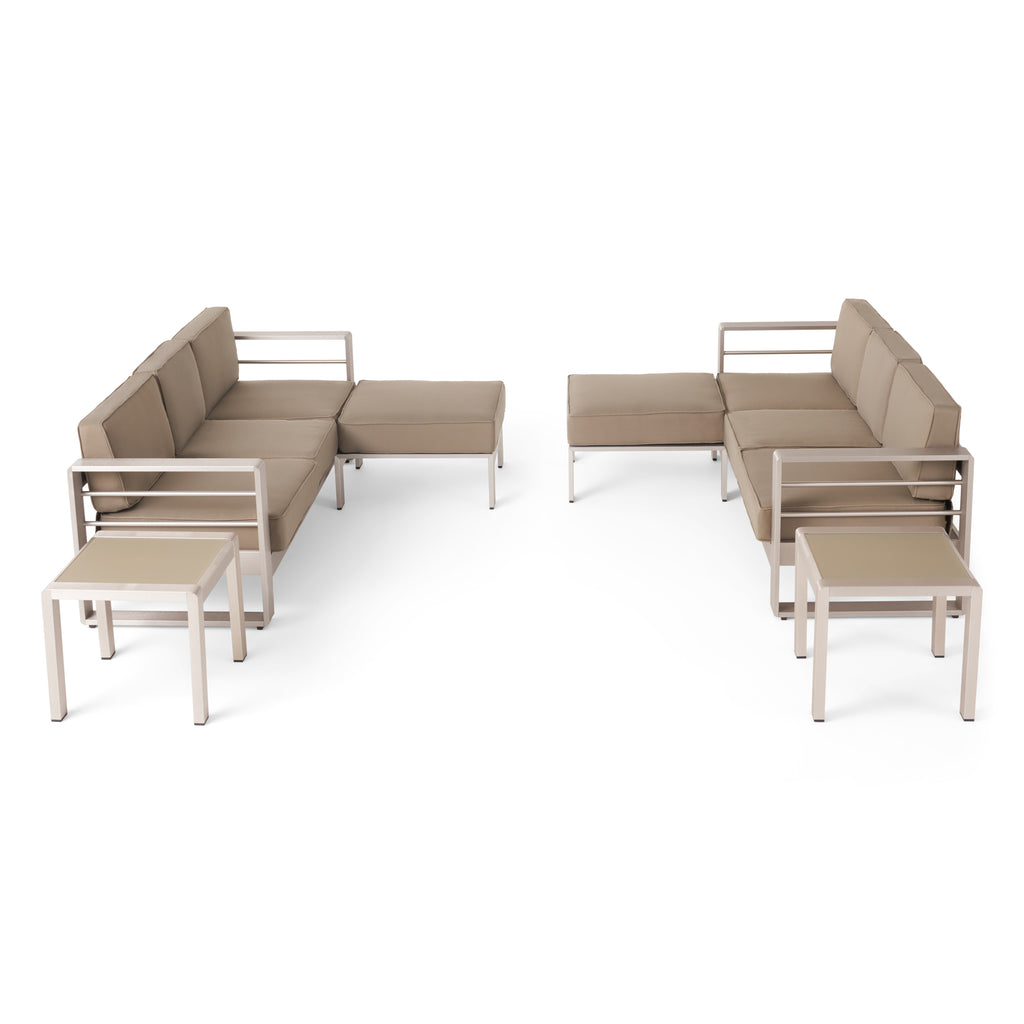 6 Seater Aluminum Sofa and Ottoman Set with Side Tables, Silver and Khaki K819306