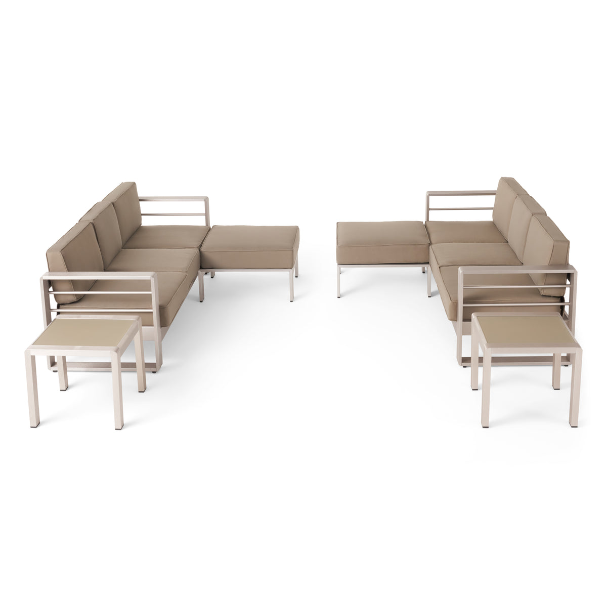 6 Seater Aluminum Sofa and Ottoman Set with Side Tables, Silver and Khaki K819306