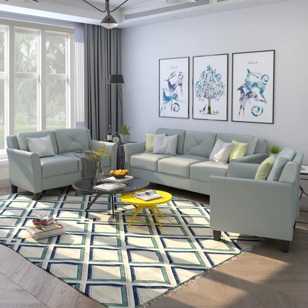 Button Tufted 3 Piece Chair Loveseat Sofa Set Q8002
