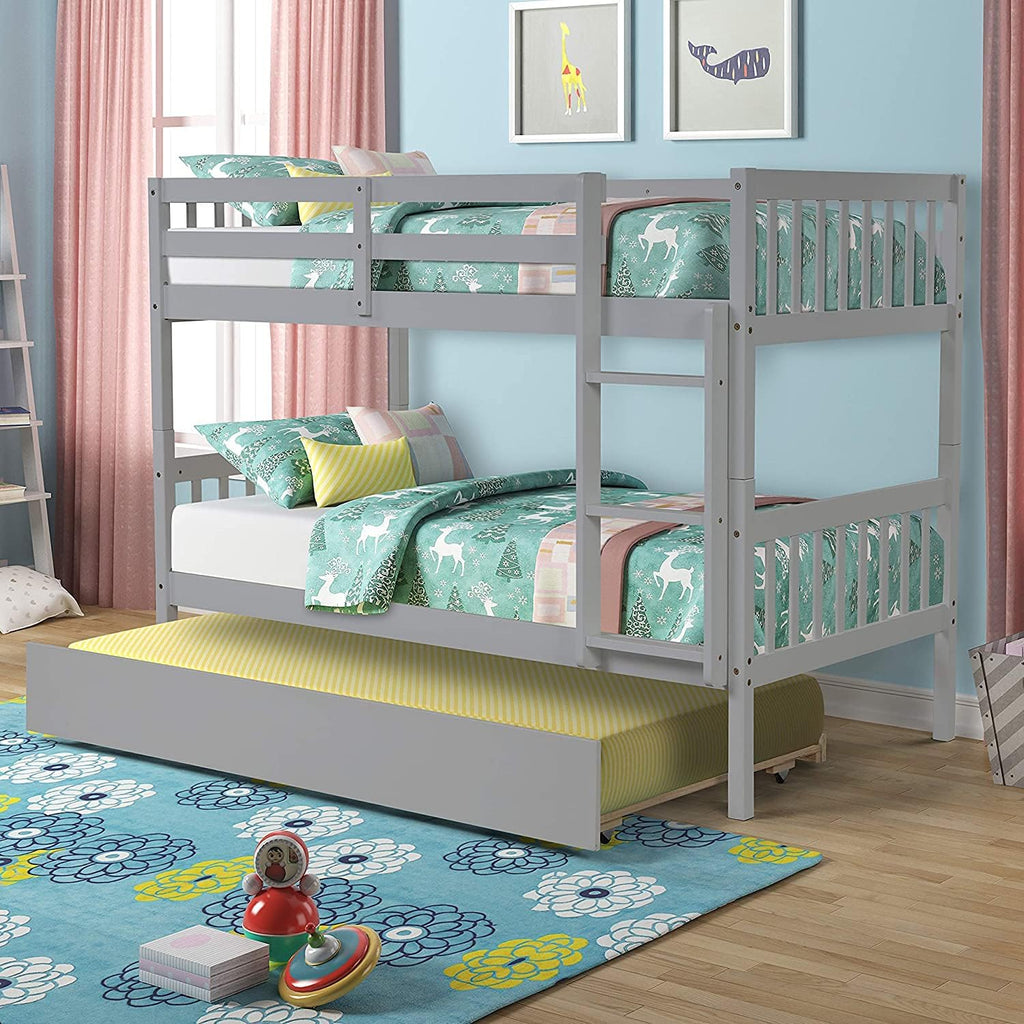 White Solid Wood Twin Over Twin Bunk Bed with Storage Staircase, Slide, Two Drawers P727