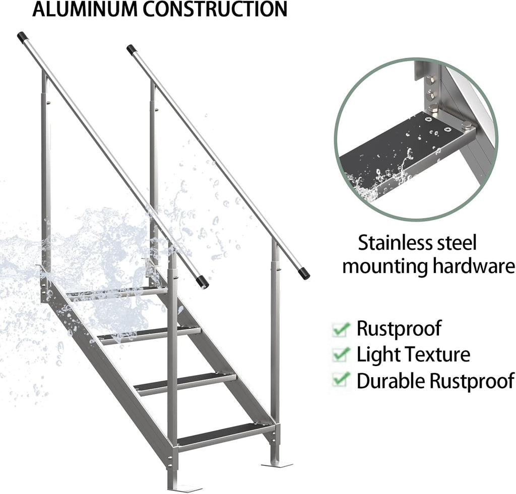 Aluminum 4 Steps Pontoon Boat Ladder with Hand Railings Anti-Slip Rubber Mat Z6025