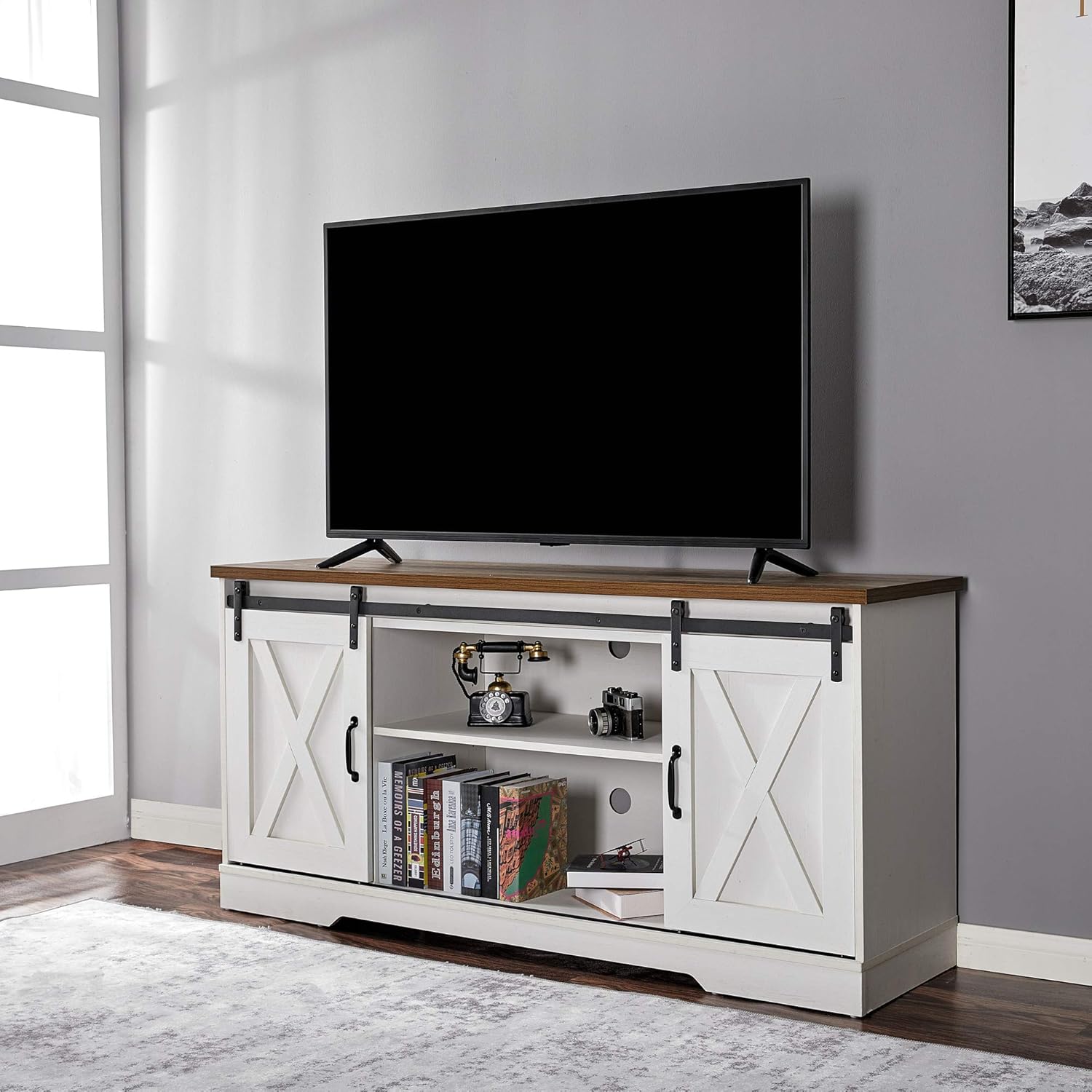Distressed White Wood TV Stand with Sliding Barn Door U783043