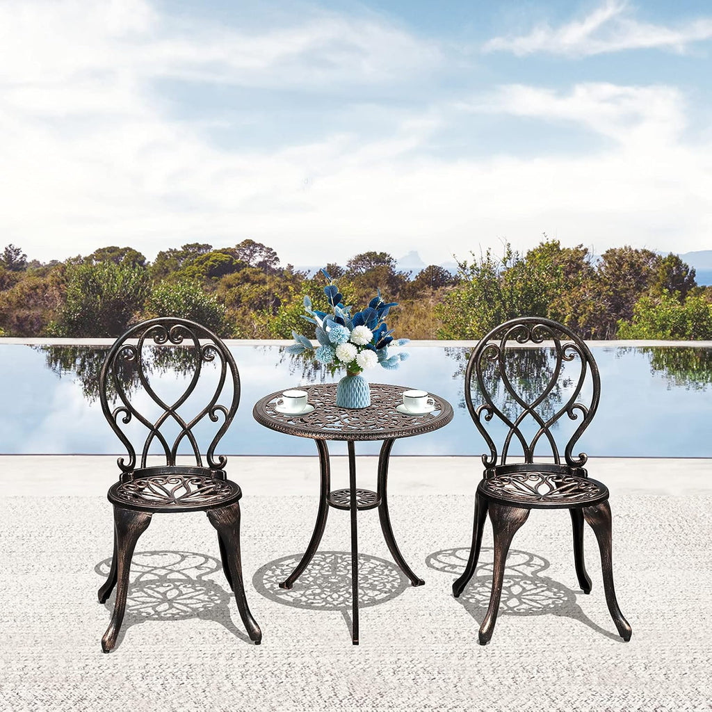 3 Piece Outdoor Cast Aluminum Bistro Set with Umbrella Hole, Bronze E30790
