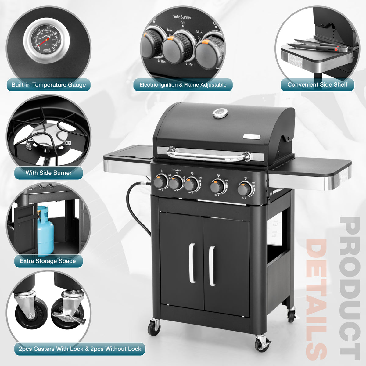 4 Burner Propane Gas Grill with Side Burner Stainless Steel BBQ Grill I583