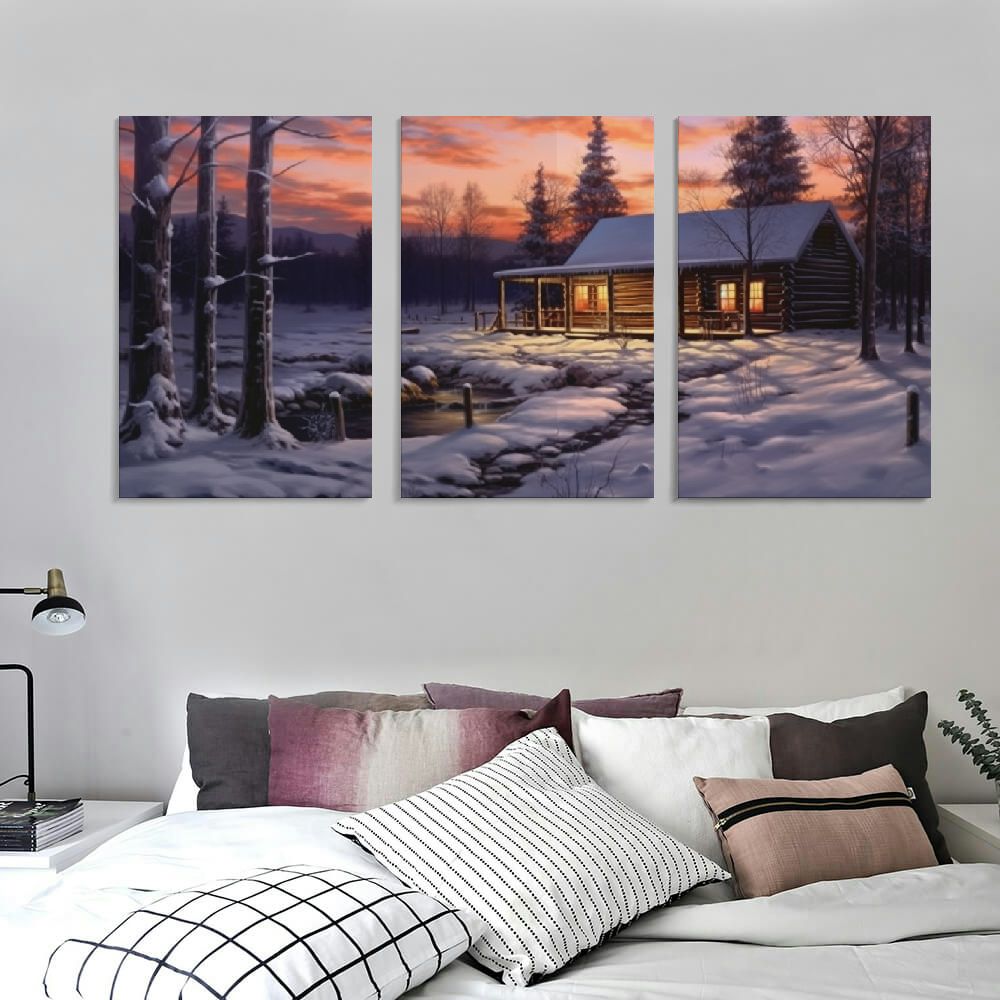 Blue Winter Rustic Canvas Wall Art 12''x16''X3 Panels K37200