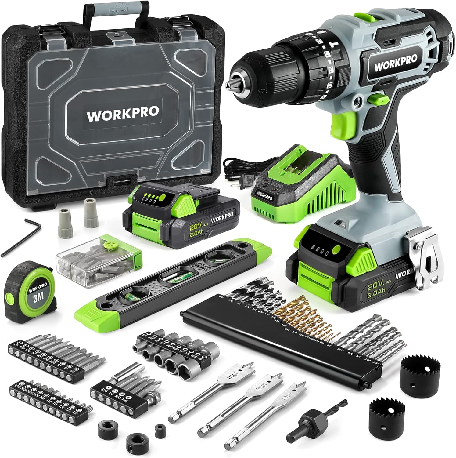 20V Max Cordless Drill Driver Set with 102 Pieces Accessories, 1/2'' Chuck, 2 x 2.0Ah Li-ion Batteries P878