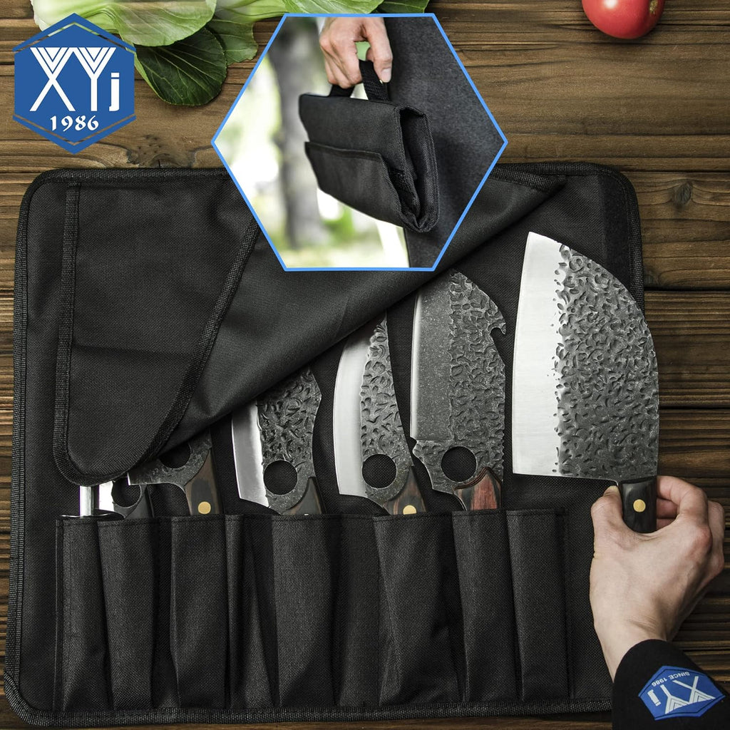 FULL TANG Camping Knives Set with Leather Knife Sleeves and Roll Bag B95396