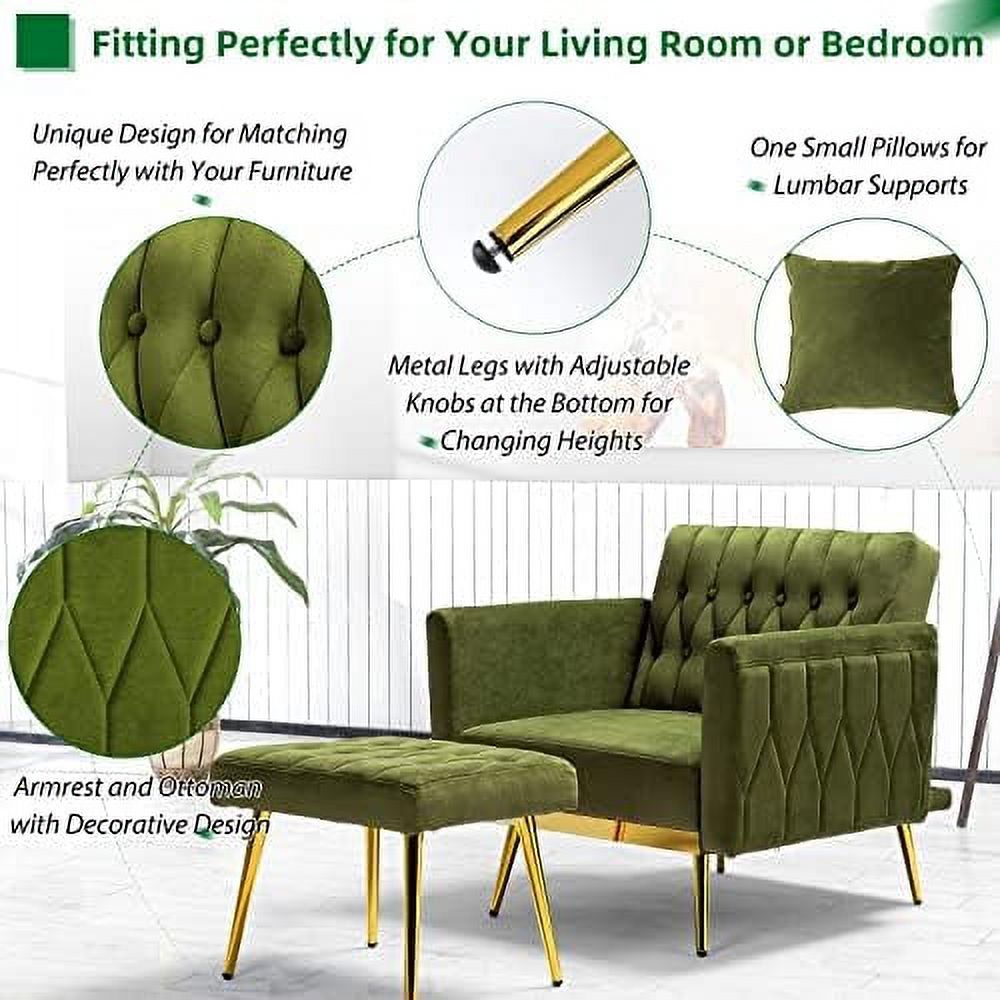 Velvet Accent Chair with Ottoman and Pillow Olive Green S954