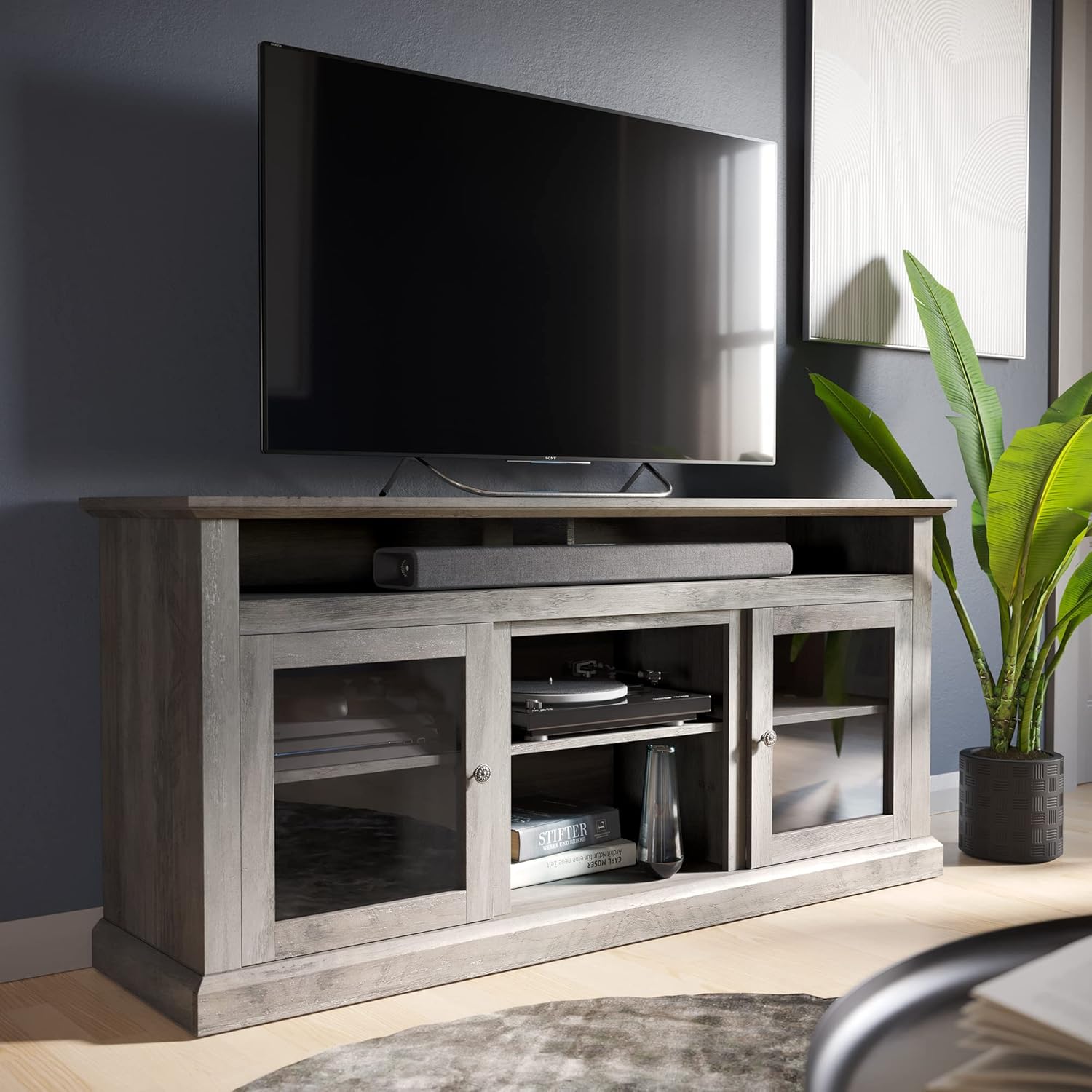 Light Gray Electric Fireplace TV Stand with Open Storage Shelves & Cabinets C589