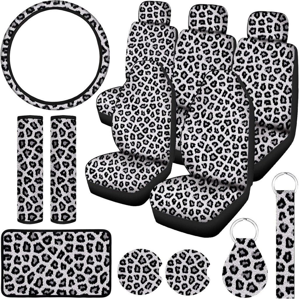 15 Pieces Leopard Print Car Seat Covers Full Set (White) I38835