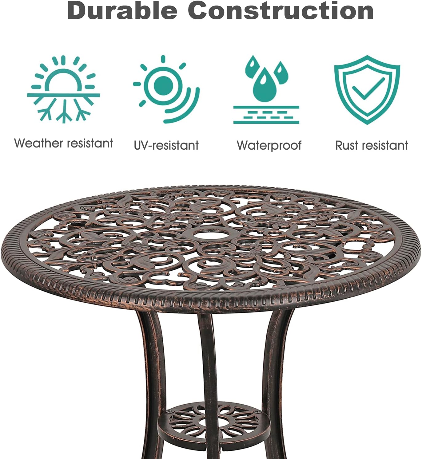 3 Piece Outdoor Cast Aluminum Bistro Set with Umbrella Hole, Bronze E30790