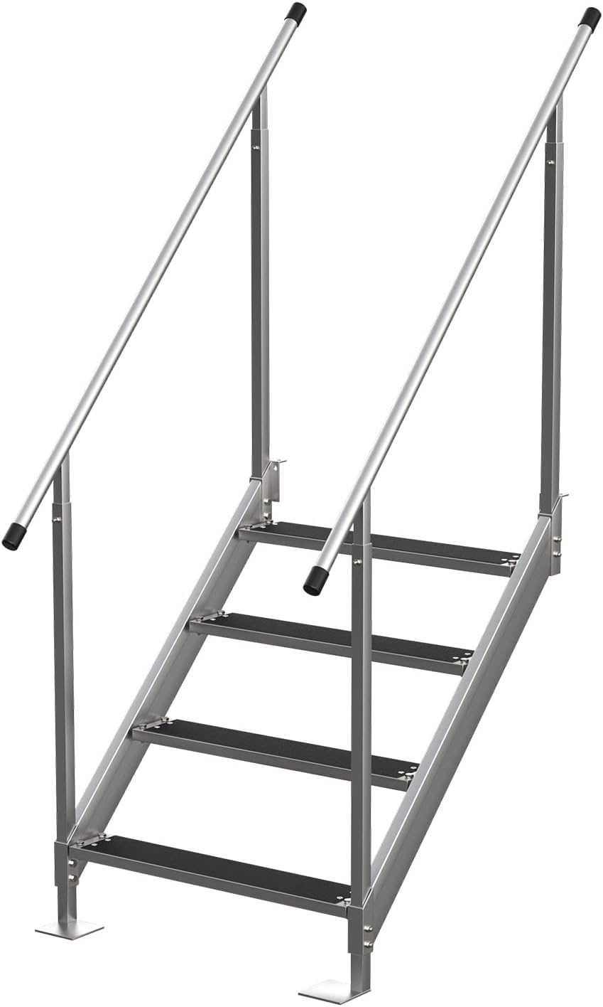 Aluminum 4 Steps Pontoon Boat Ladder with Hand Railings Anti-Slip Rubber Mat Z6025