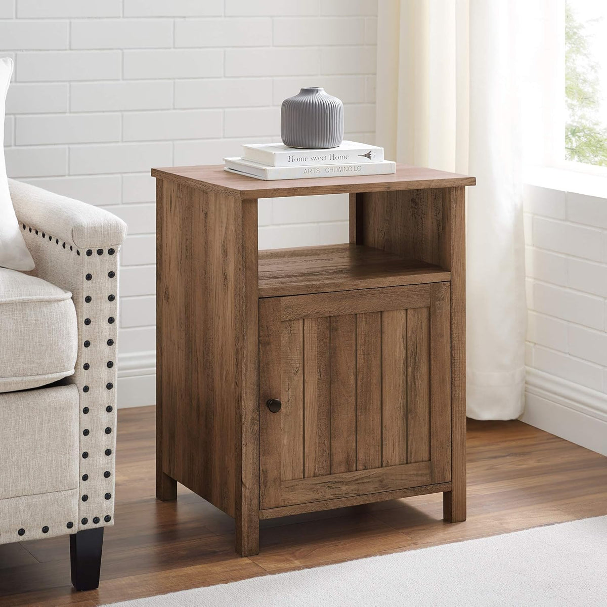 Rustic Oak Wood Side Accent Table with Cabinet Door J53975