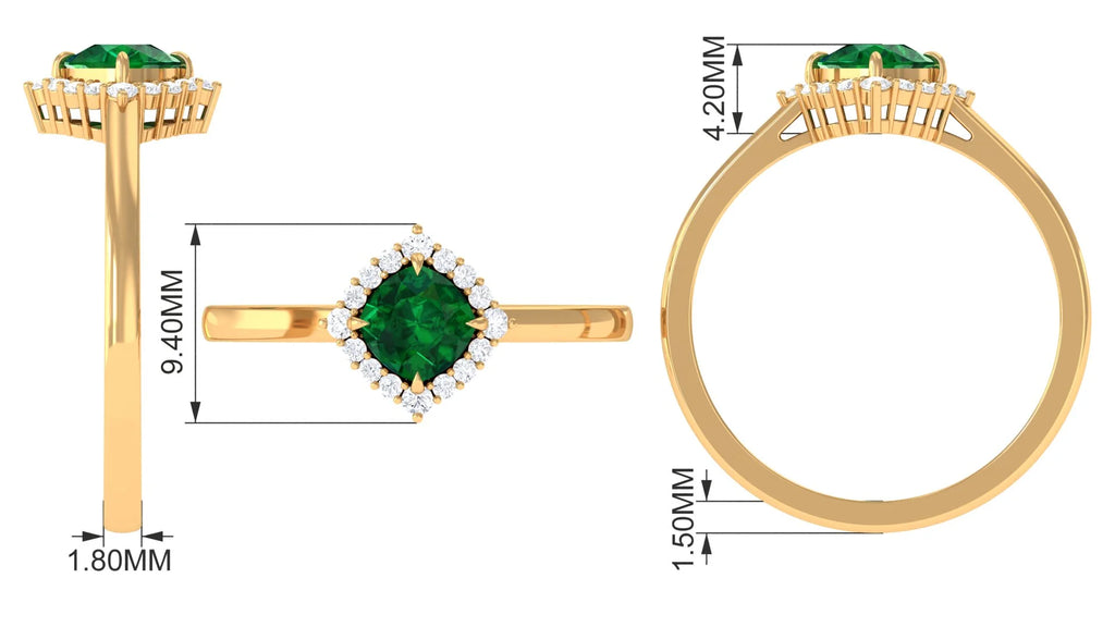 Cushion Cut Lab Grown Emerald Ring with Diamond Halo, 10K White Gold, US 7.50 N336