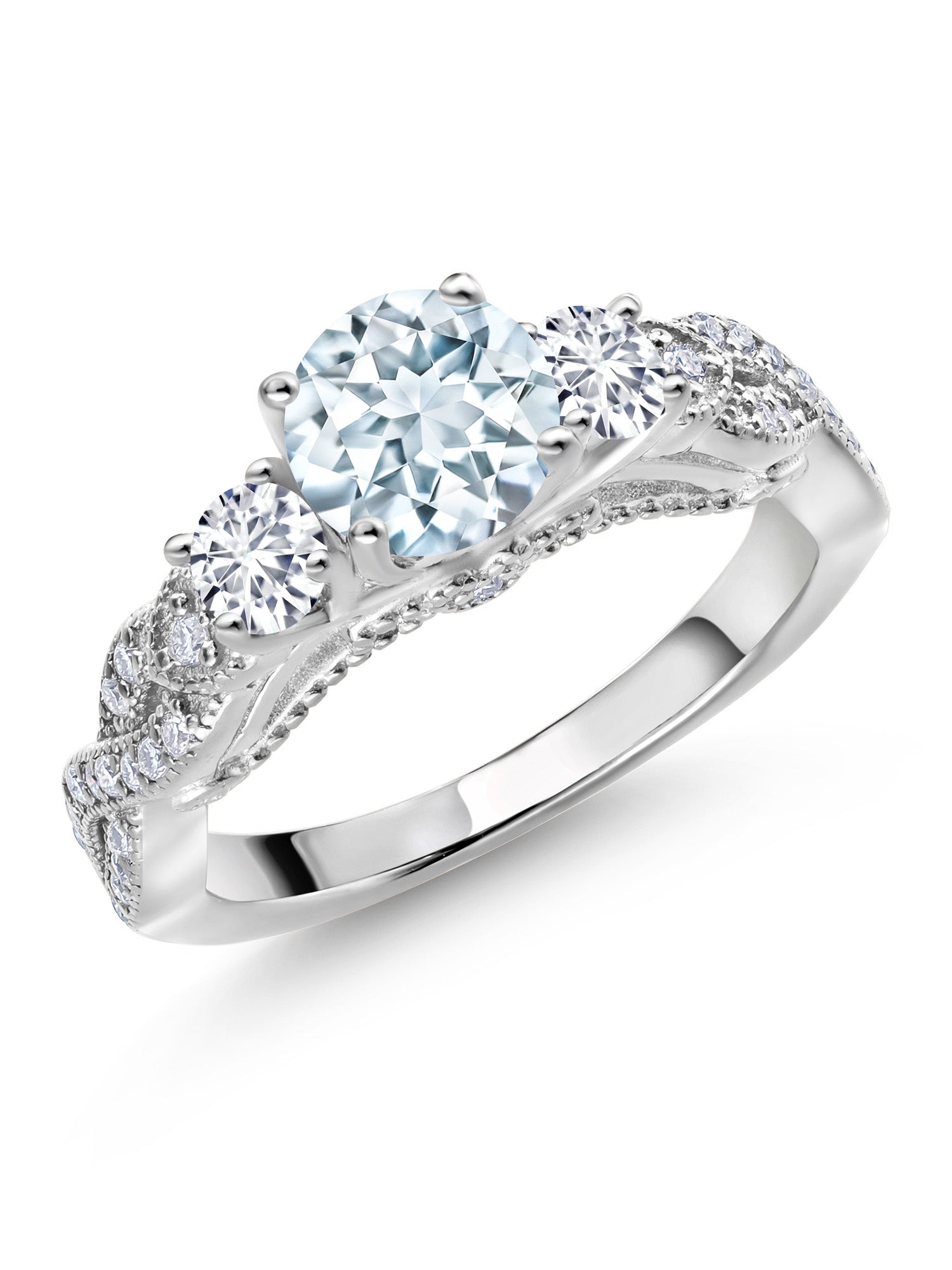 925 Sterling Silver Sky Blue Aquamarine White Diamond White Moissanite Engagement Ring E578033