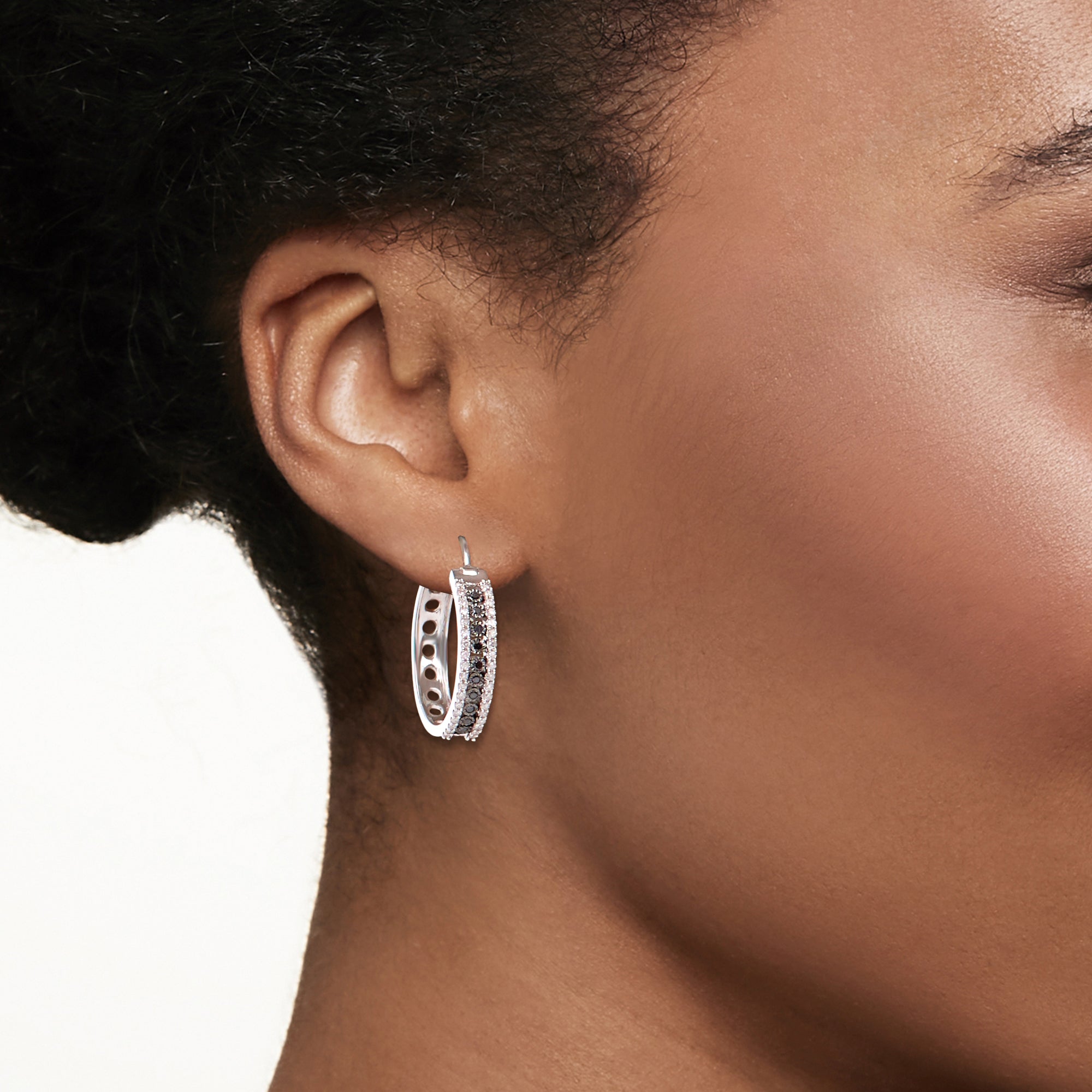 White and Black Diamond Hoop Earrings in Sterling Silver Q209