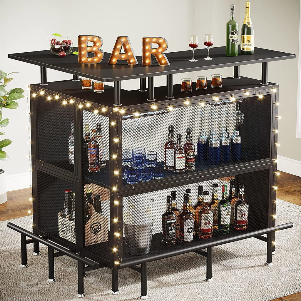 Black L-shape Liquor Bar Table with 2-Tier Storage I545