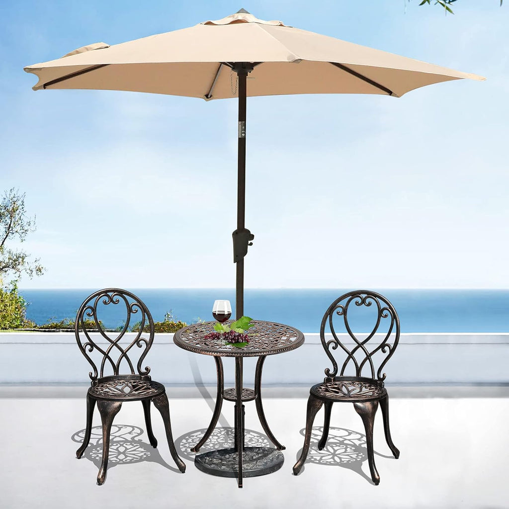 3 Piece Outdoor Cast Aluminum Bistro Set with Umbrella Hole, Bronze E30790