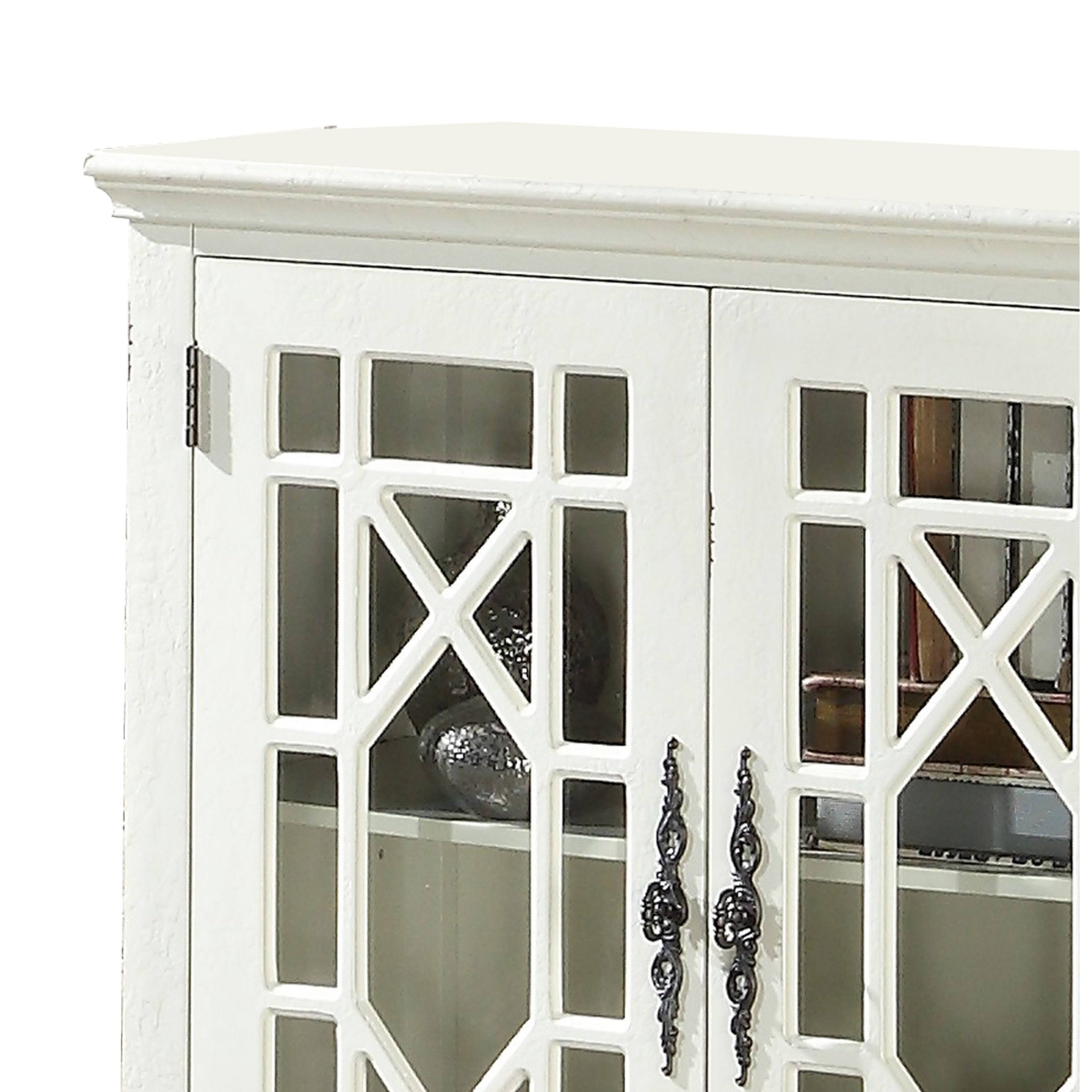 White 2 Door Accent Chest with Glass Inlay and Turned Feet H8089