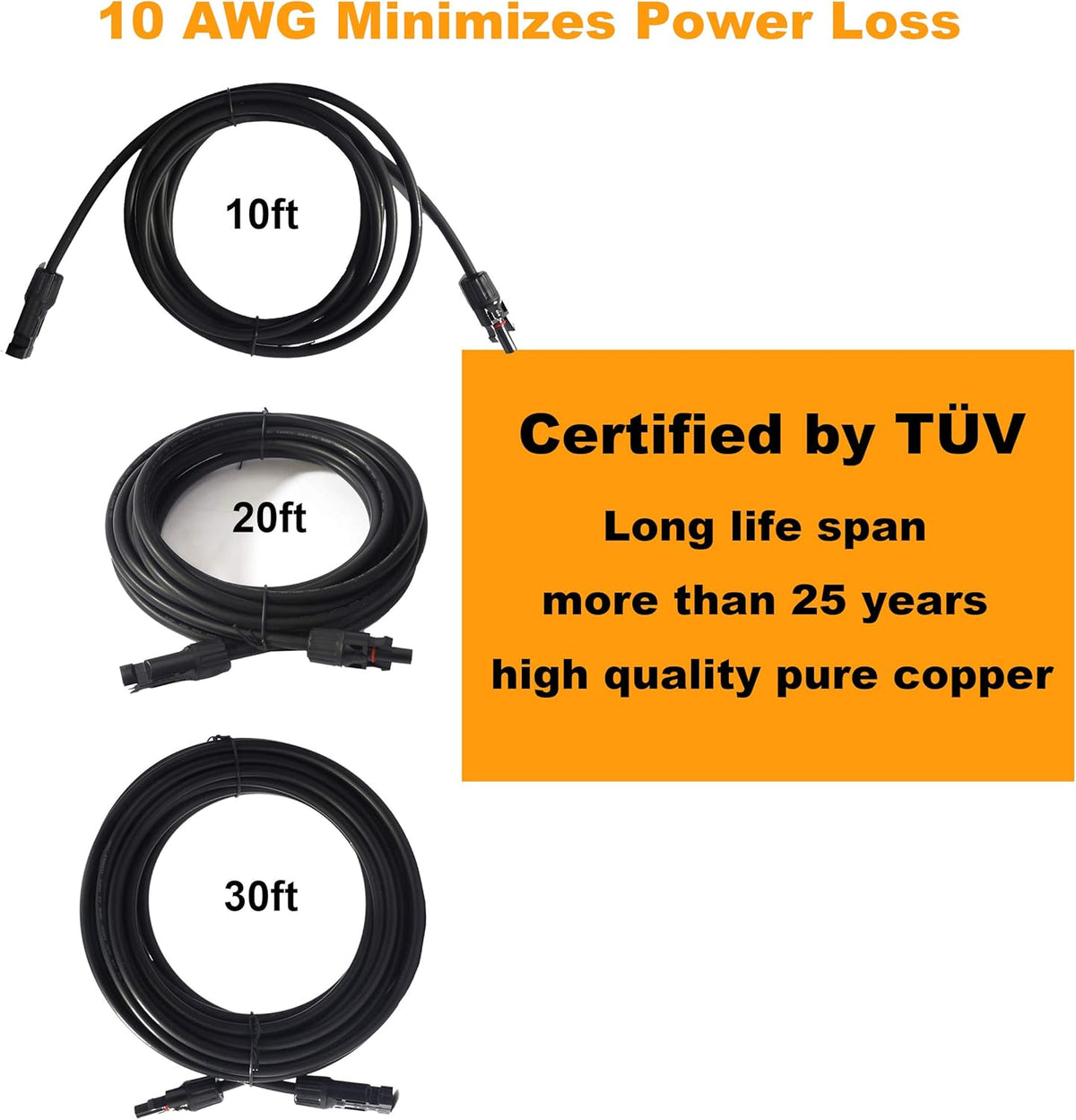 10AWG 20ft Solar Extension Cable with Female and Male Connectors, Pack of 2 L7388