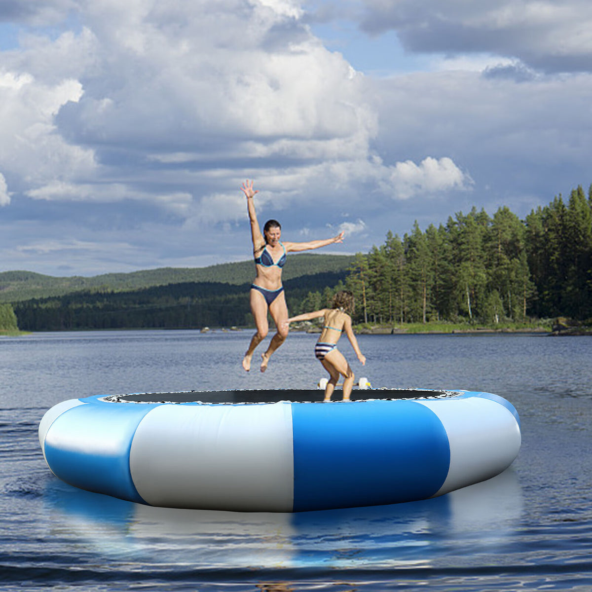 16.4Ft Inflatable Water Trampoline Blue & White 880Lb Capacity Floating Platform with Ladder N50822