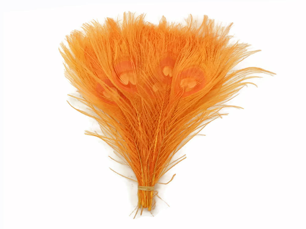 100 Pieces Orange Bleached and Dyed Peacock Tail Eye Feathers D836300