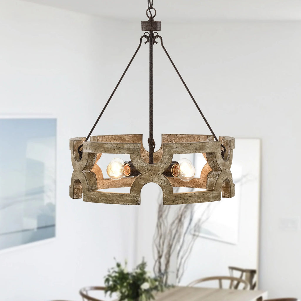 Rustic Farmhouse 4 Light Wood Grain Chandelier Pendant 19 Inch A794
