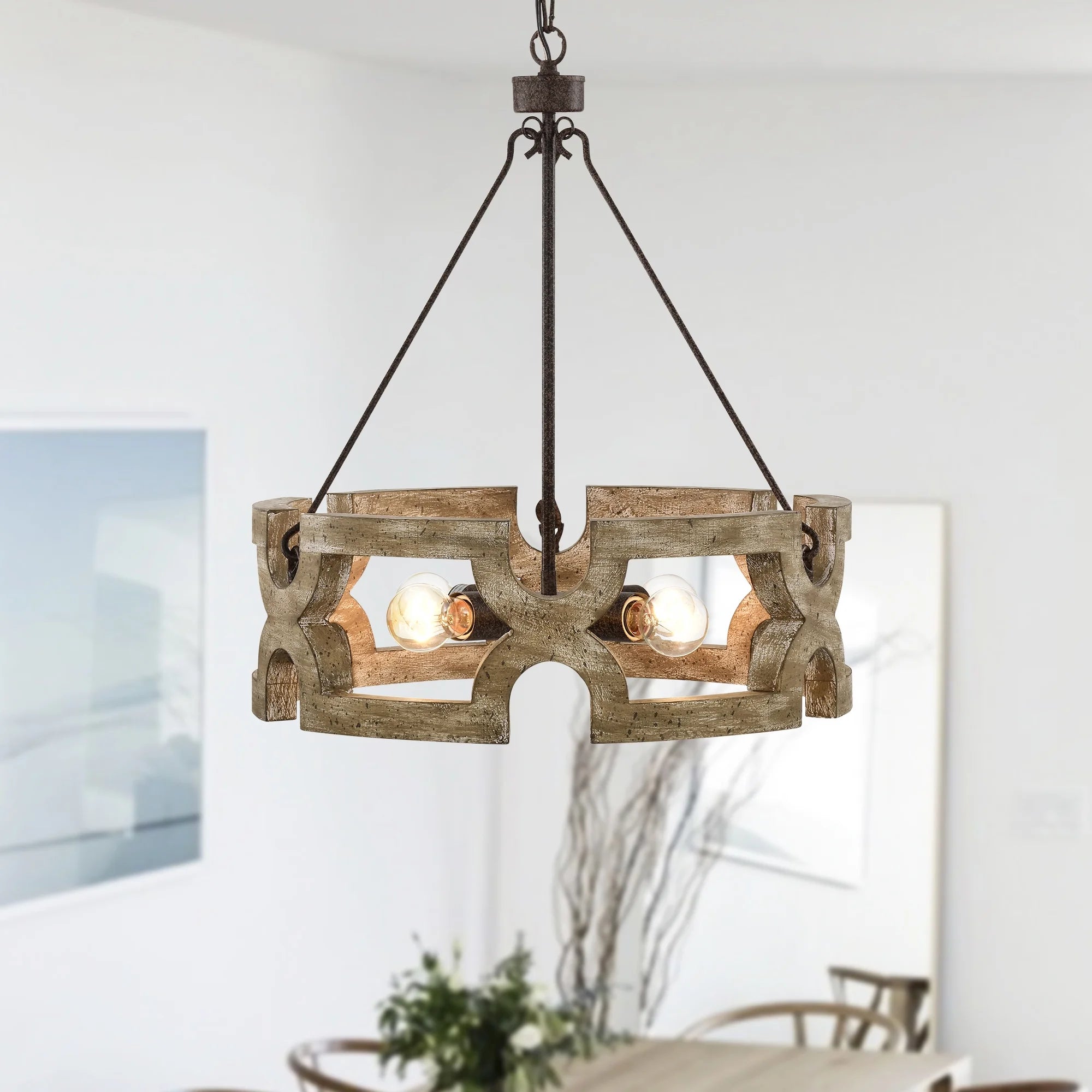 Rustic Farmhouse 4 Light Wood Grain Chandelier Pendant 19 Inch A794