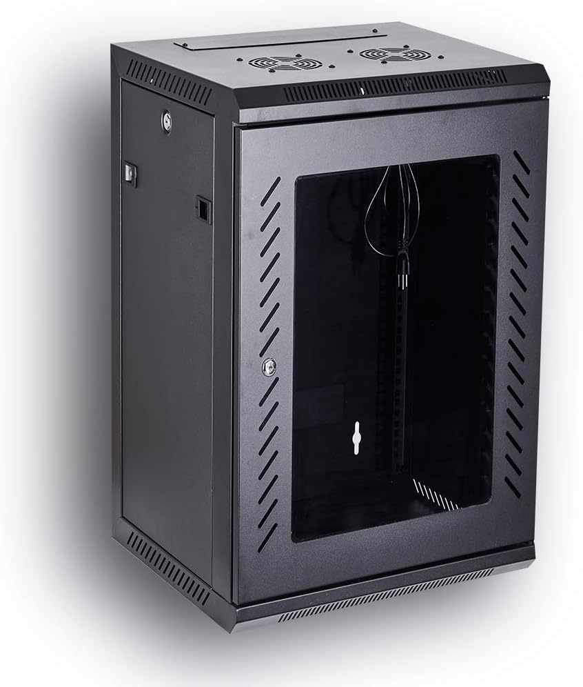 Black 18U Wall Mount Server Rack Cabinet with Locking Tempered Glass Door J4157