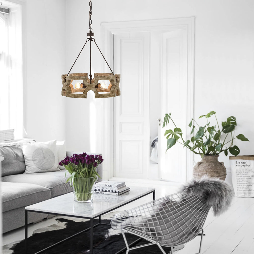 Rustic Farmhouse 4 Light Wood Grain Chandelier Pendant 19 Inch A794