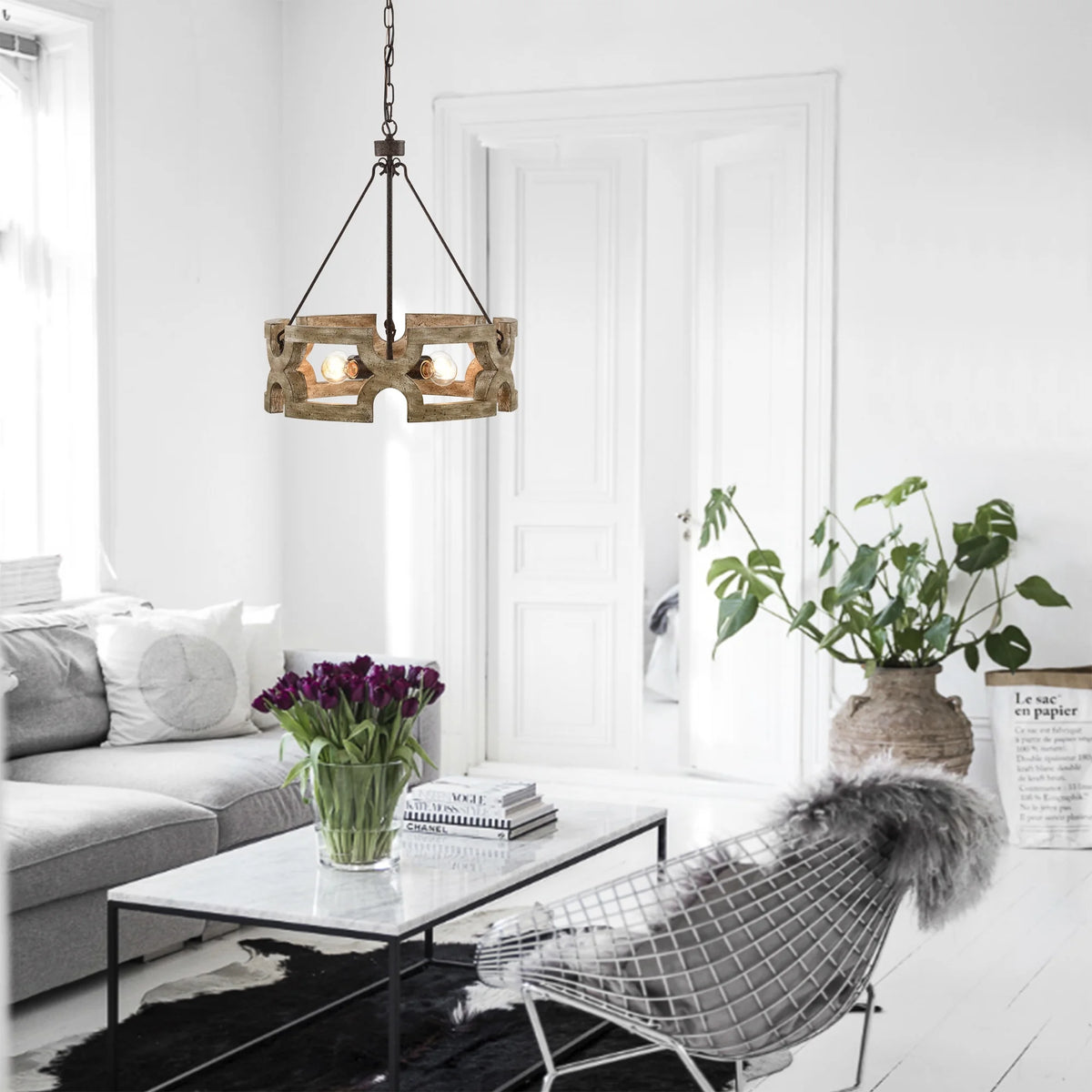 Rustic Farmhouse 4 Light Wood Grain Chandelier Pendant 19 Inch A794
