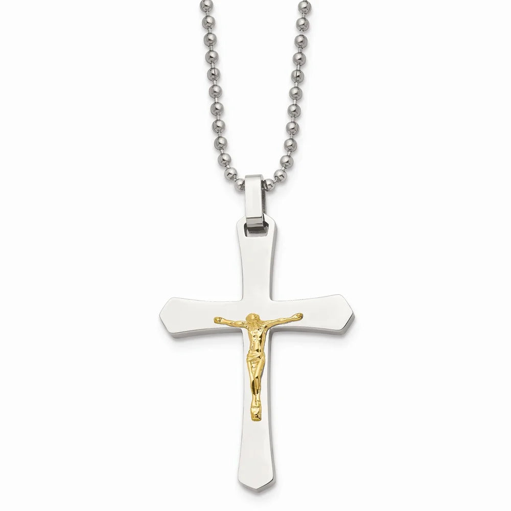 Stainless Steel 22in Polished 14kt Gold Accent Crucifix Necklace W3993