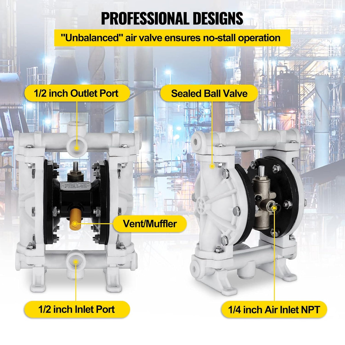 Air-Operated Double Diaphragm Pump 1/2 inch Polypropylene 13 GPM Max 100PSI P5953