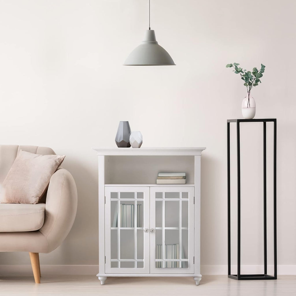 White Freestanding Floor Cabinet with 2 Glass Doors and 1 Open Shelf Q383