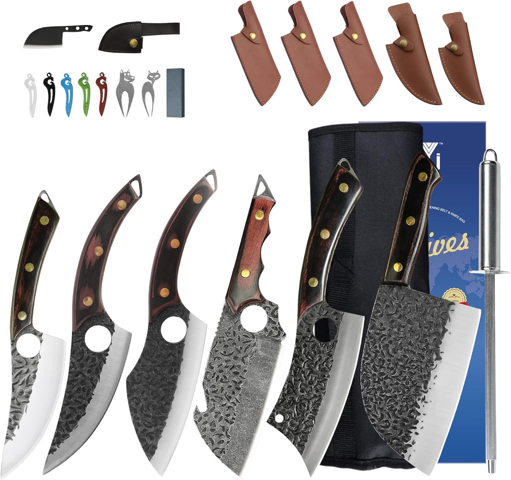 FULL TANG Camping Knives Set with Leather Knife Sleeves and Roll Bag B95396