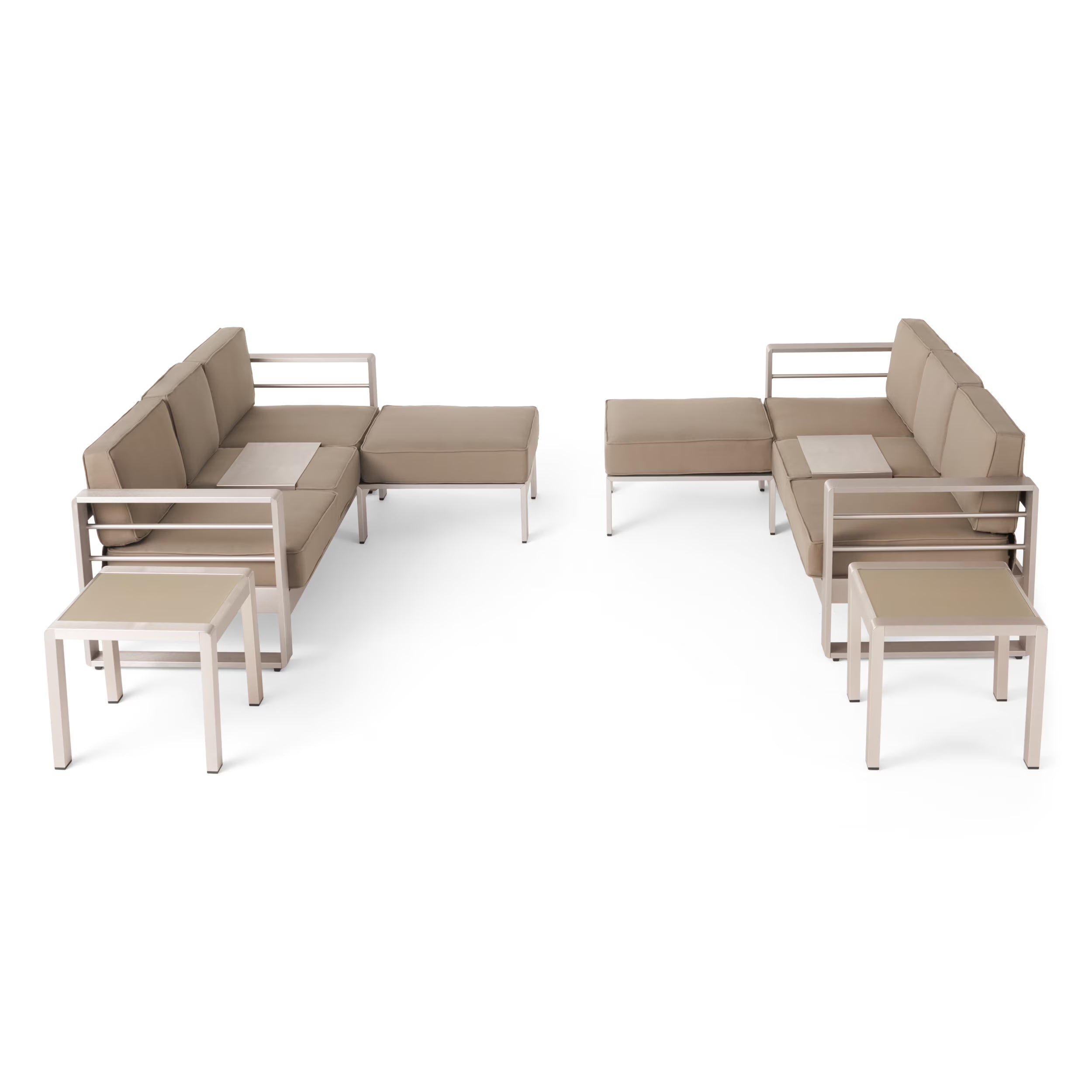 6 Seater Aluminum Sofa and Ottoman Set with Side Tables, Silver and Khaki K819306