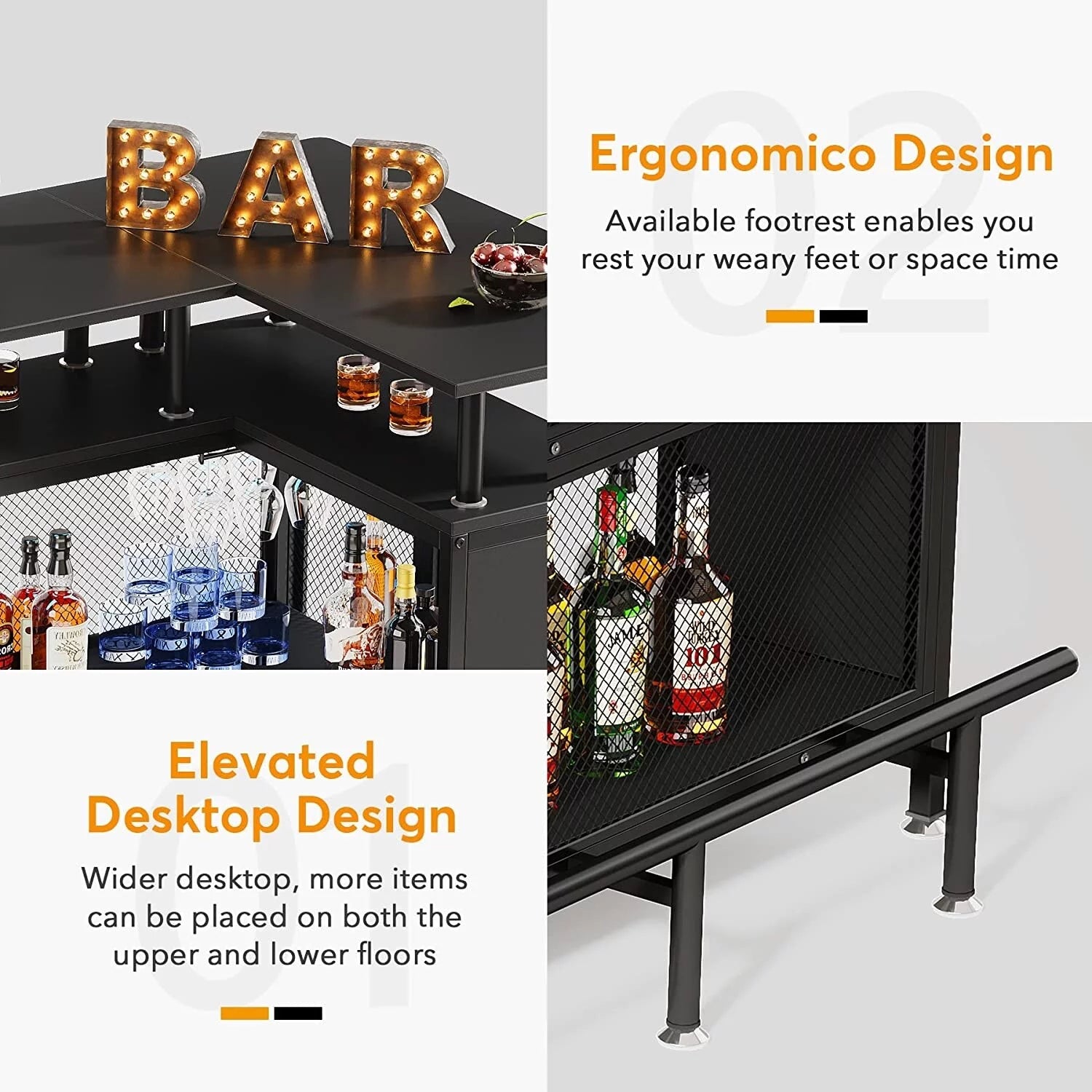 Black L-shape Liquor Bar Table with 2-Tier Storage I545