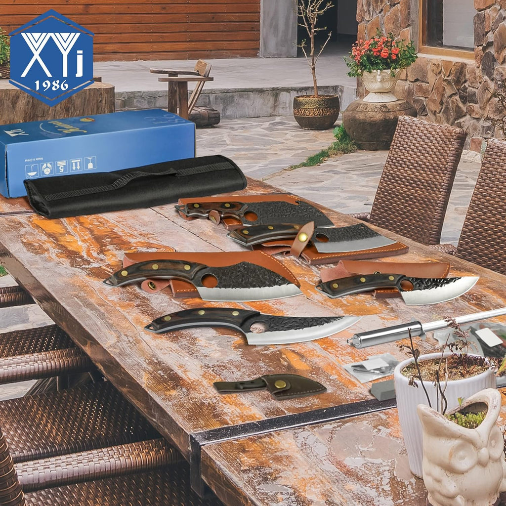 FULL TANG Camping Knives Set with Leather Knife Sleeves and Roll Bag B95396