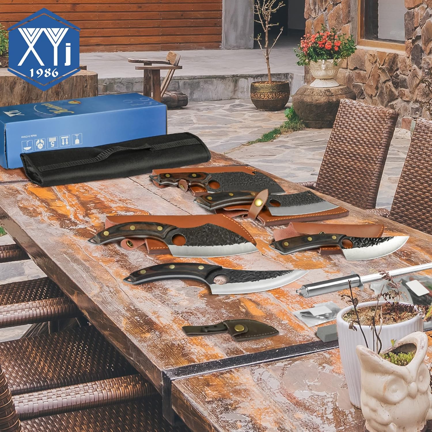 FULL TANG Camping Knives Set with Leather Knife Sleeves and Roll Bag B95396