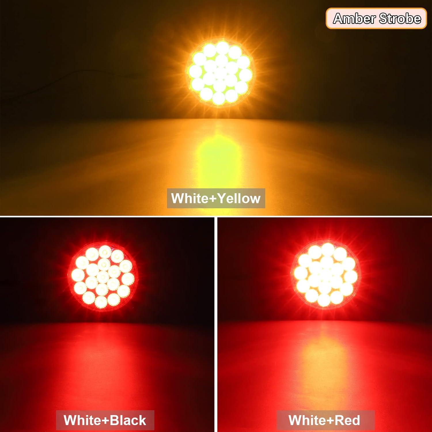 2Pcs 4 Inch Round Red Stop Turn Tail Lights to Amber Strobe Lights Kit 19 Diodes w/Rubber Grommets & 3-Prong Wire Pigtails, Red/Amber Round Led Truck Trailer Tail Lights and Indicator Lights Pack of 2 I93315
